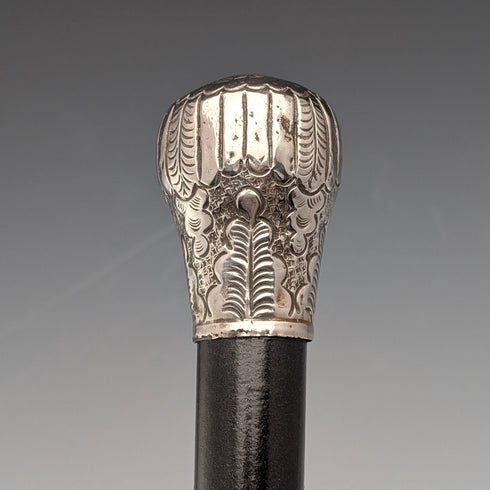 Circa 1900 Antique Black Shaft Sterling Silver Rondelle Handle Walking Stick 88cm